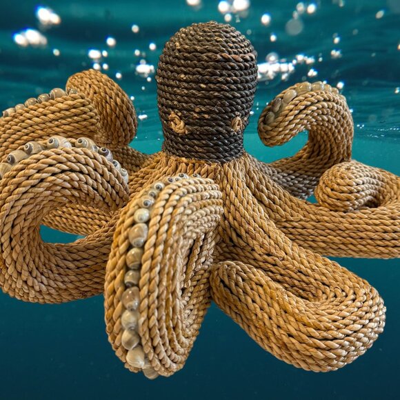 Vintage Rattan Wicker Rope Large Handmade Octopus with Sea Shells Nautical Decor - Picture 1 of 10